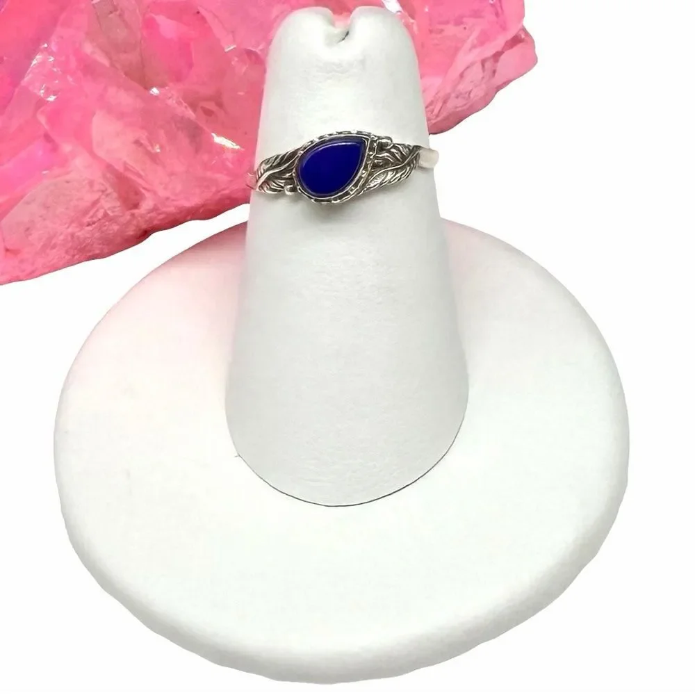 Lapis Lazuli Ring Size 5 Solid 925 Sterling Silver Dainty Etched Leaf